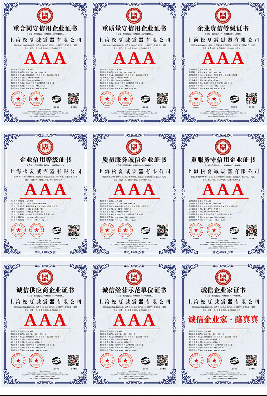 上海松夏減震器有限公司榮譽資質(zhì)